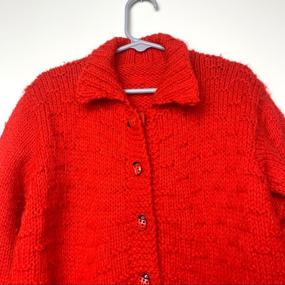 Vintage Hand Knit Red Ladybug Cardigan Sweater - Picture 4 of 16